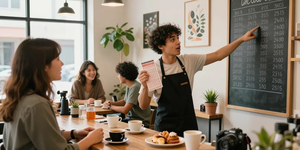 Barista menjelaskan nomor rejeki kepada pelanggan di kedai kopi yang ramai, suasana hangat dan ceria.