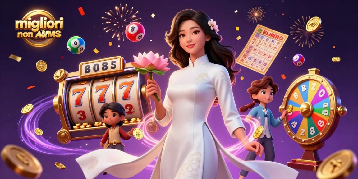 Migliori casino non AAMS con una donna asiatica elegante tra elementi di gioco delle slot colorate e effetti scintillanti.