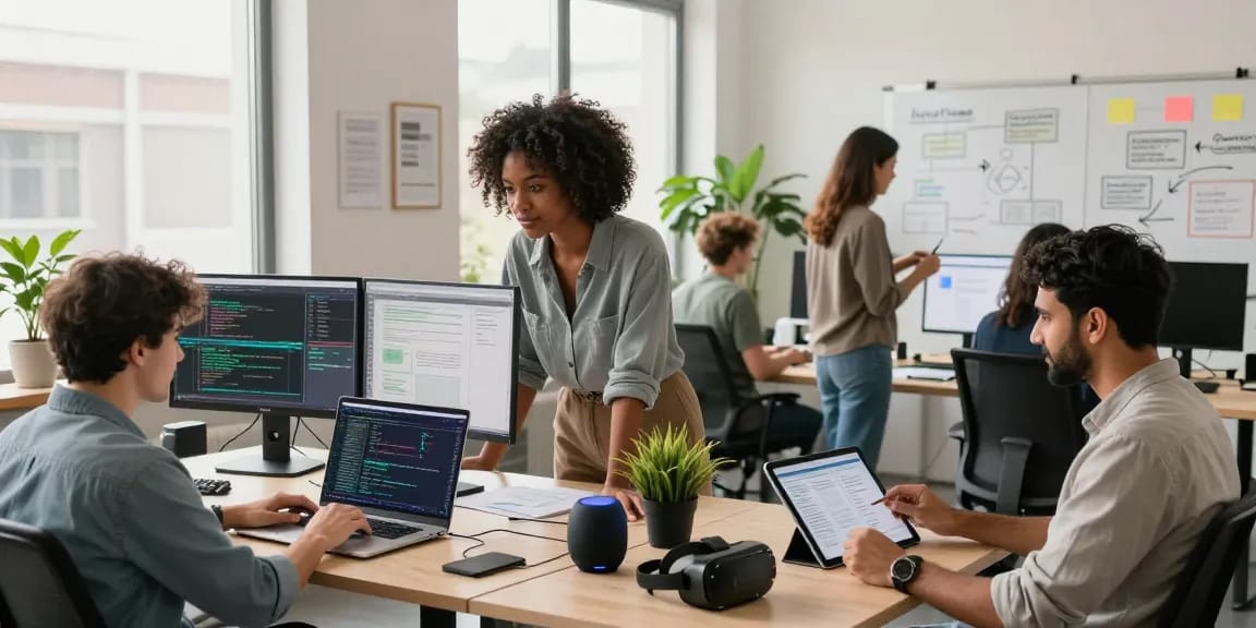 Team collaborating on AI assistant development in a modern workspace, showcasing technology integration and teamwork.