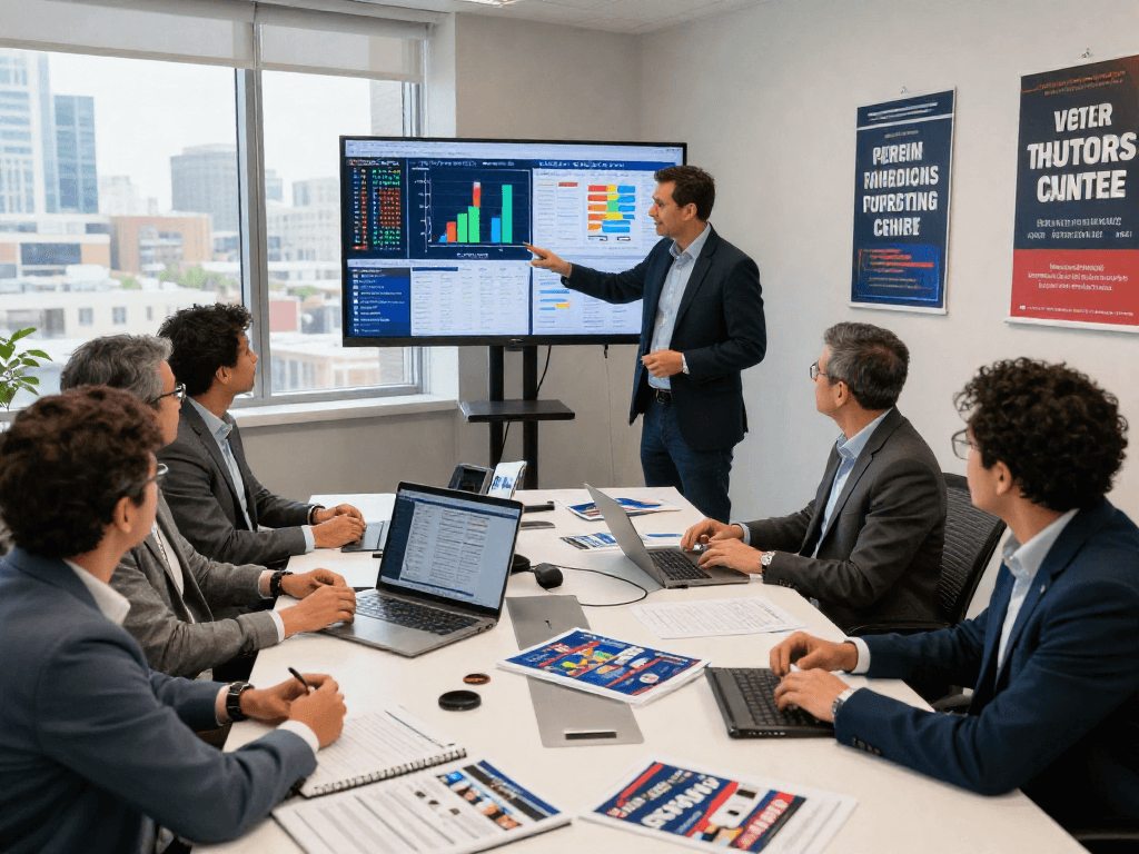 Hulu political ads analysis in a vibrant campaign office, showcasing strategic team discussions.