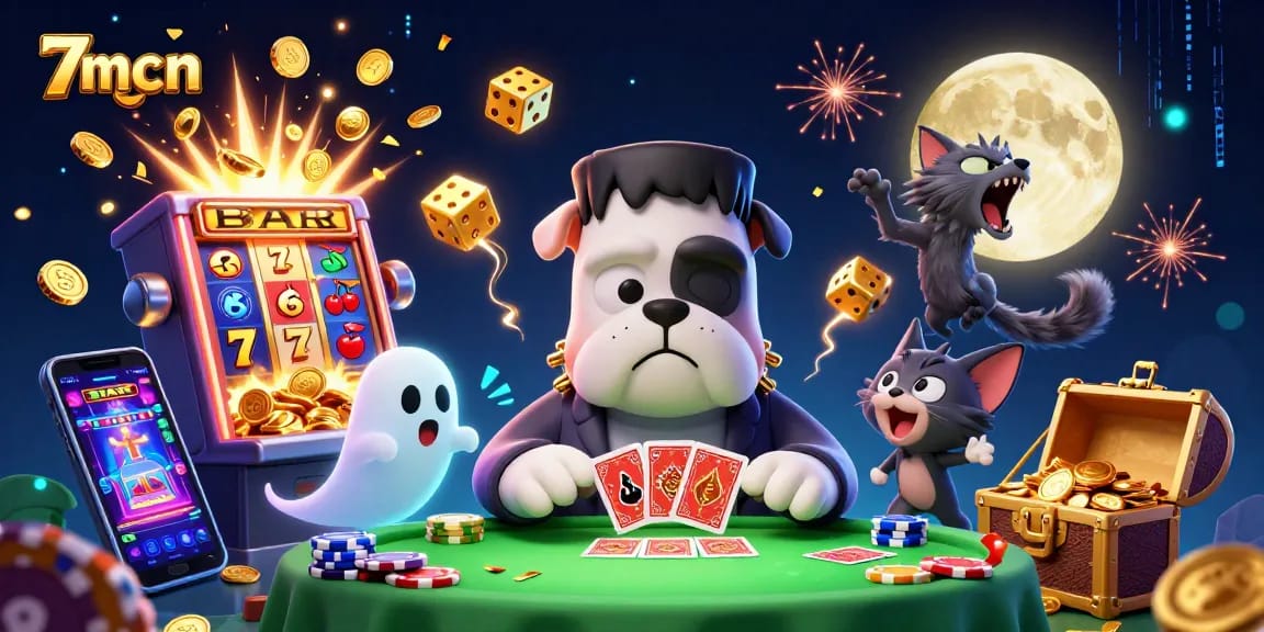 Experience thrilling 7mcn action with a Frankenstein bulldog dealer at a vibrant casino scene.
