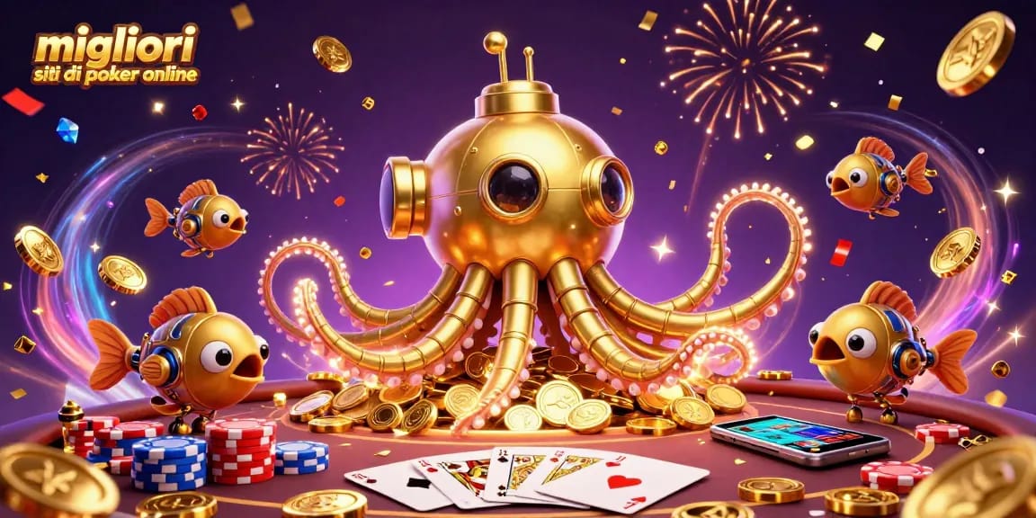 Sfida emozionante ai migliori siti di poker online, con mazzi di carte e gettoni colorati in un ambiente festoso.