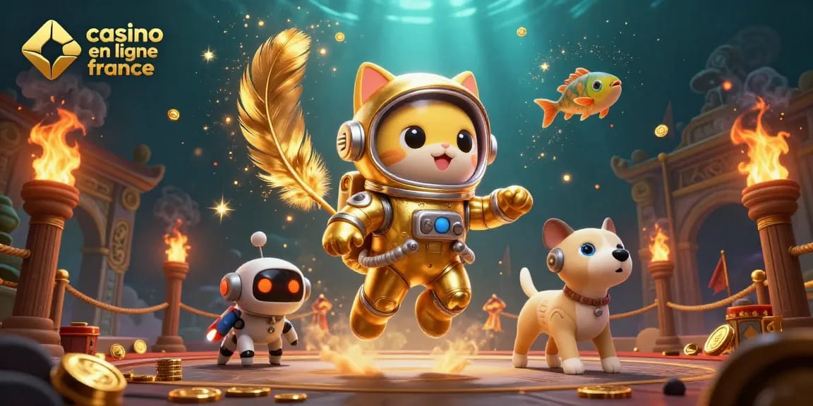 Découvrez l'adrénaline du casino en ligne France avec un chat astronaute flottant et des éléments de jeu dynamiques.