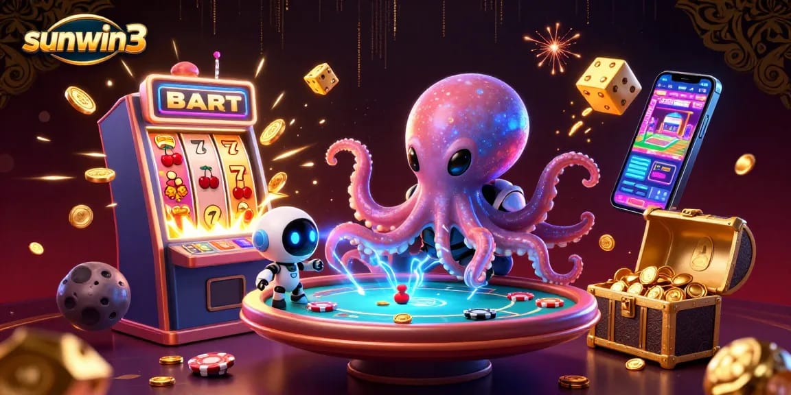 Experience the thrill of sunwin3 with an alien octopus managing a holographic poker table amid vibrant casino dynamics.
