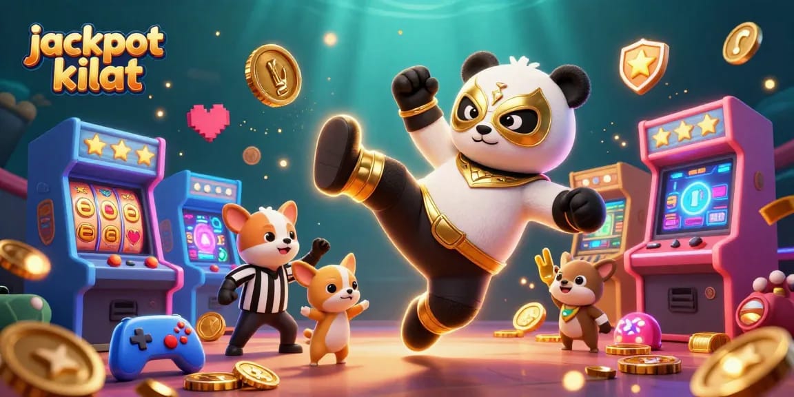Experience big wins with jackpot kilat in this lively casino-themed illustration featuring adorable characters.