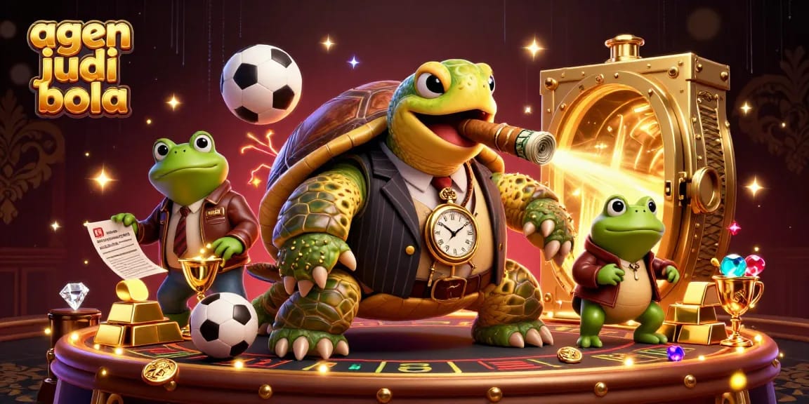 Place bets confidently with agen judi bola in a dynamic casino scene featuring a mobster turtle and bullfrog enforcers.