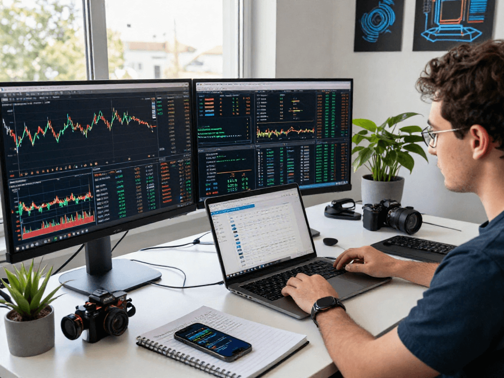 Analyzing trading data on TradingView platform in a modern office setting.