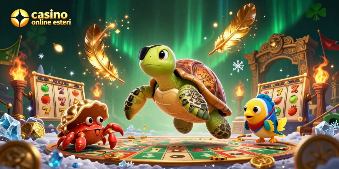 Immagine di una tartaruga pirata cartoon e un granchio, immersi nel mondo dei casino online esteri con slot e monete dorate.