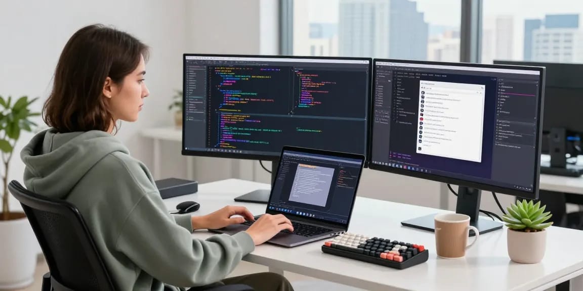 Young female coder at modern workspace, using 纸飞机中文版 for coding projects.