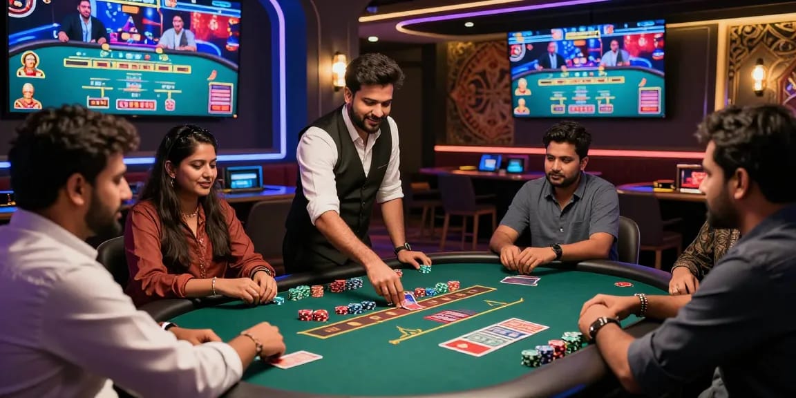 Exciting Andar Bahar game scene with players and a live dealer at a bustling casino table.