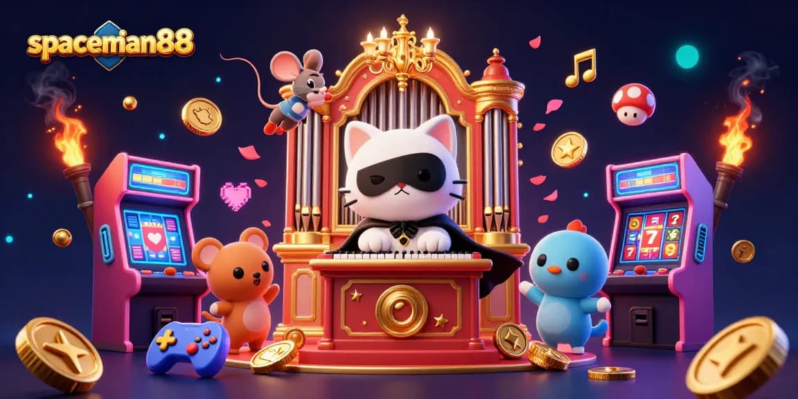 Experience the excitement of spaceman88 in this vibrant 3D digital illustration featuring casino characters and game elements.