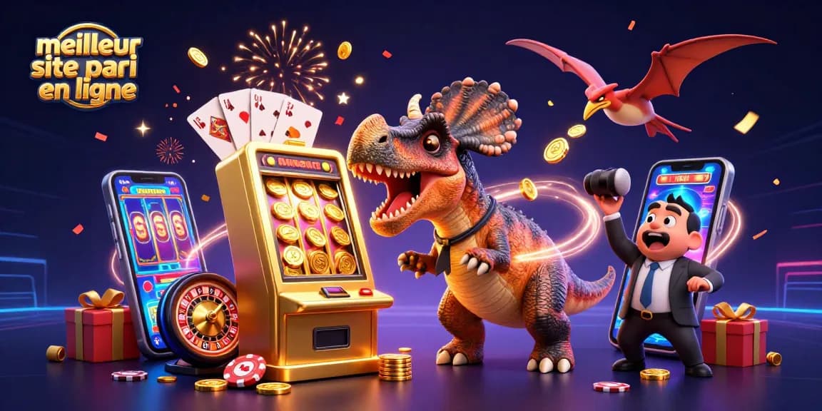 Le meilleur site pari en ligne célèbre avec un dinosaure et une machine à sous en or, attrapant des pièces dorées.