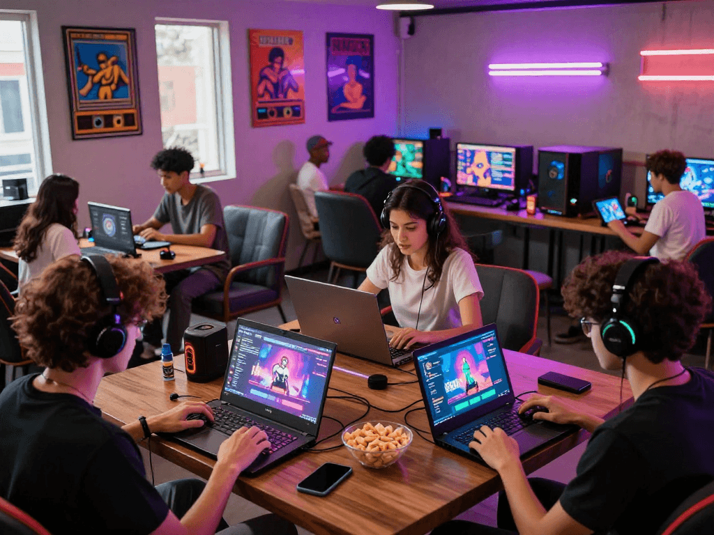 Players enjoying porngames in a vibrant gaming lounge with tablets and laptops.