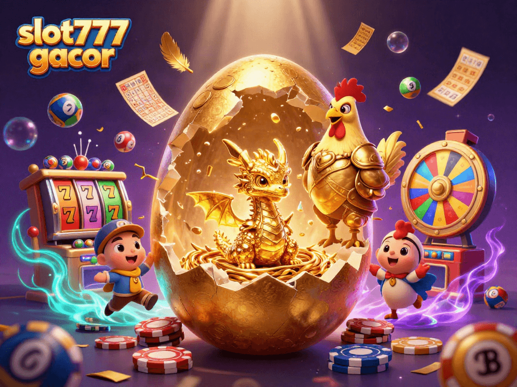 Experience the excitement of slot777 gacor with a golden egg revealing a treasure-filled dragon.