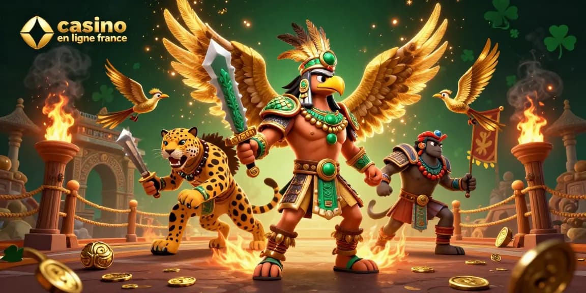 Interagissez avec l'atmosphère dynamique du casino en ligne France mettant en vedette un guerrier aztèque et des éléments de jeu.