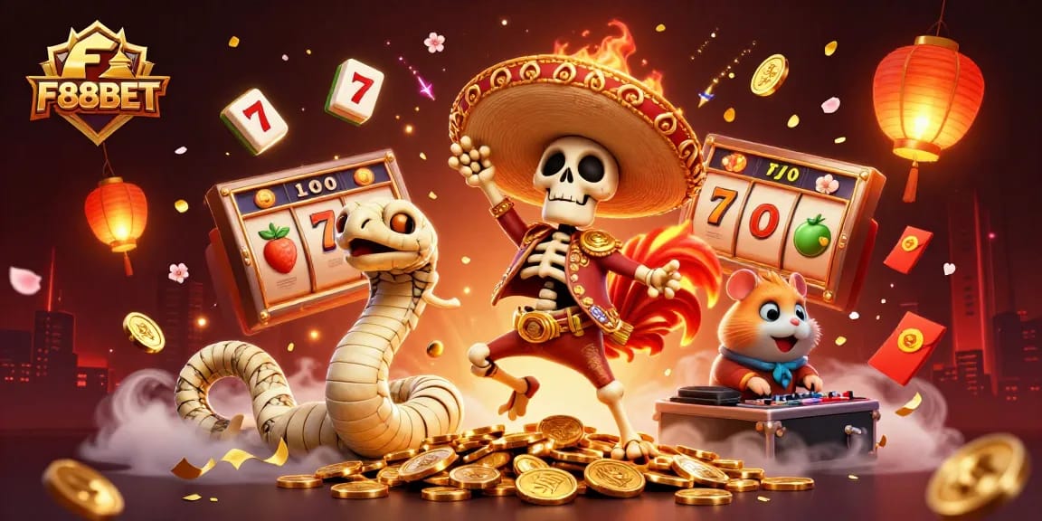 Celebrate big wins with F88BET in an exciting, colorful slot game illustration filled with vibrant characters and festive elements.
