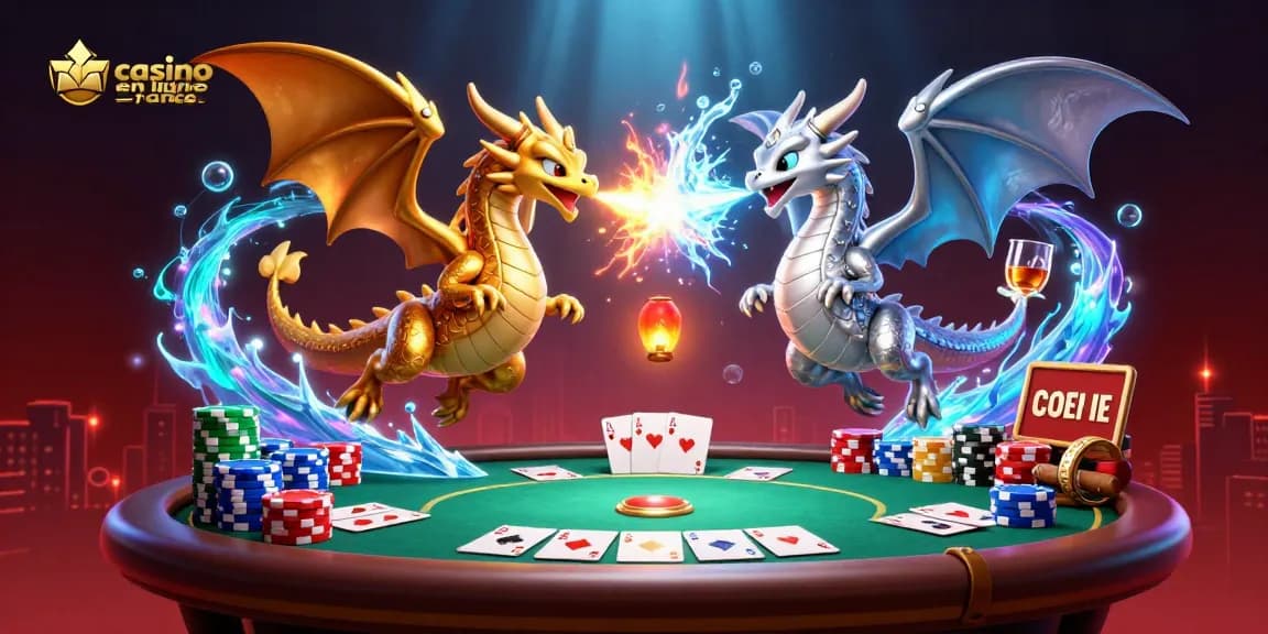 Scène engageante mettant en avant le casino en ligne France avec des dragons au milieu des jeux de poker, créant de l'excitation.