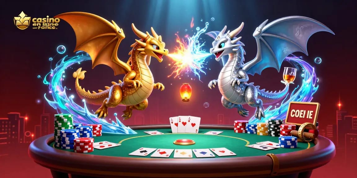 Scène engageante mettant en avant le casino en ligne France avec des dragons au milieu des jeux de poker, créant de l'excitation.