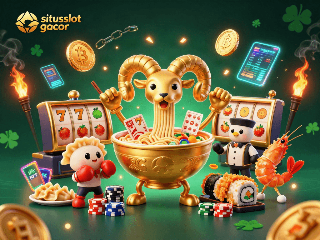 Engage in the excitement of situs slot gacor with a vibrant casino scene featuring a giant ramen bowl dealer.