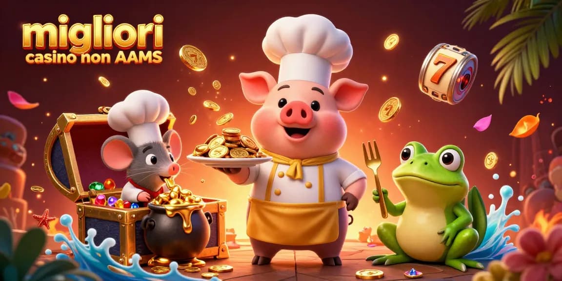 Interagisci con i migliori casino non AAMS attraverso un'affascinante illustrazione 3D di un piatto di monete d'oro gourmet servito da un maialino chef.