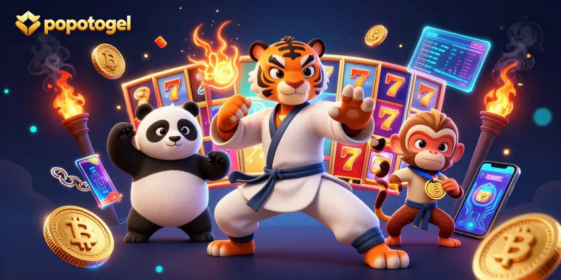 Experience excitement at popotogel with a 3D illustration showcasing dynamic slot reels and vibrant characters.