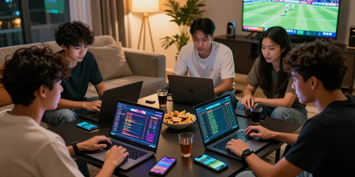 Friends engaged in online betting on newbet4d platform during an exciting game night.