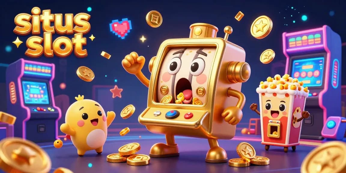 Situs slot machines celebrate as coins pour out in this vibrant animated casino scene showcasing exciting gameplay.