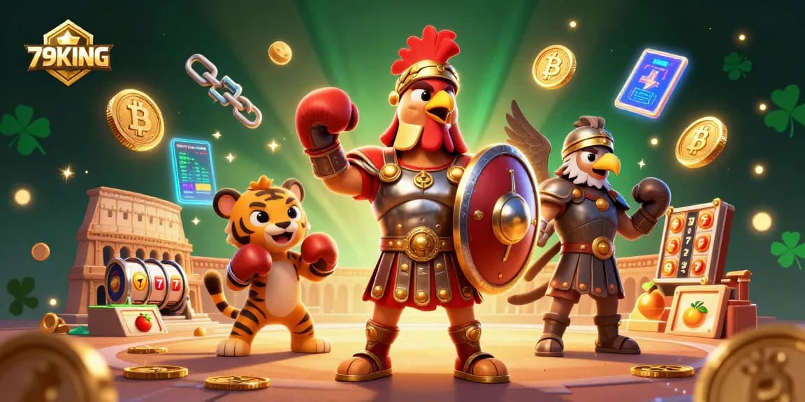 Engage with 79KING through a vibrant casino-themed illustration showcasing a gladiator rooster and tiger cub amidst dynamic gaming elements.