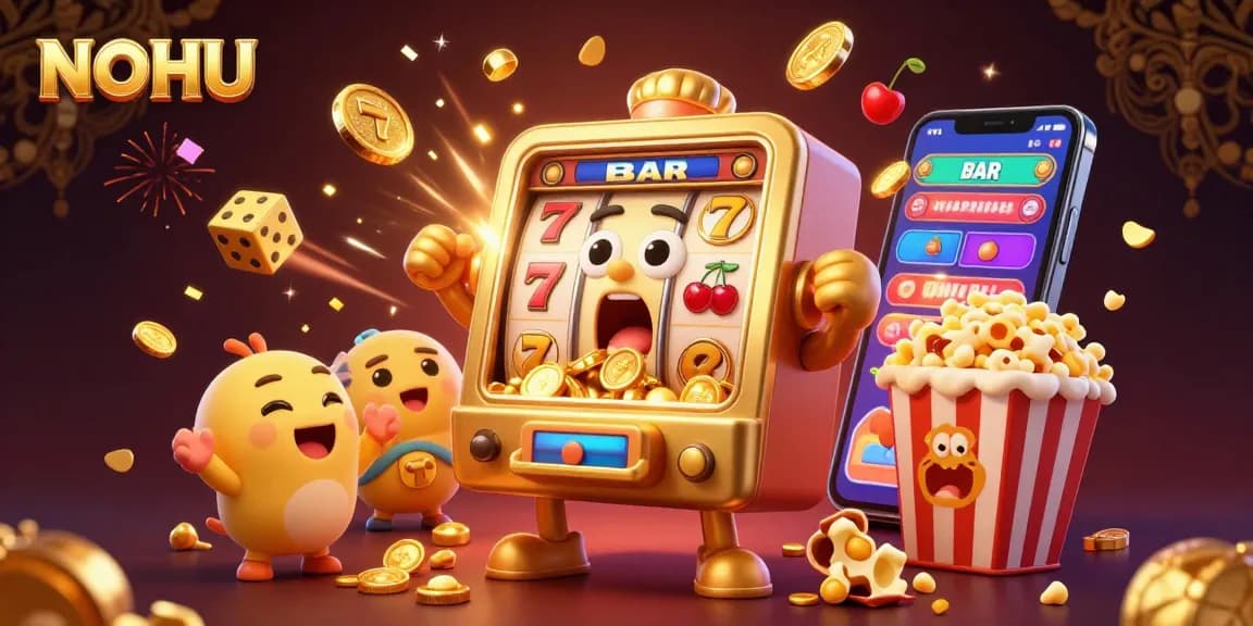 Experience the NOHU jackpot moments with vibrant golden slot machines and dynamic casino elements.