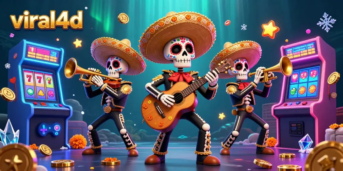 Menggali peluang menang dengan viral4d, memeriahkan suasana kasino bergaya Día de los Muertos dengan karakter berwarna.
