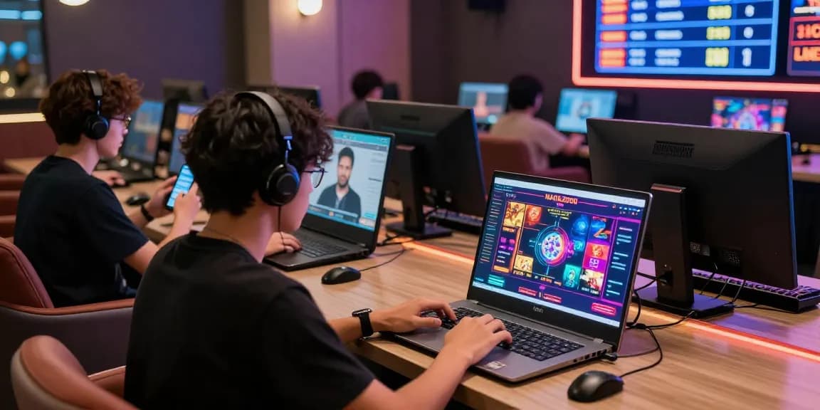 NAGA2000 users engaging in a modern iGaming lounge, showcasing gameplay on various devices with a vibrant atmosphere.