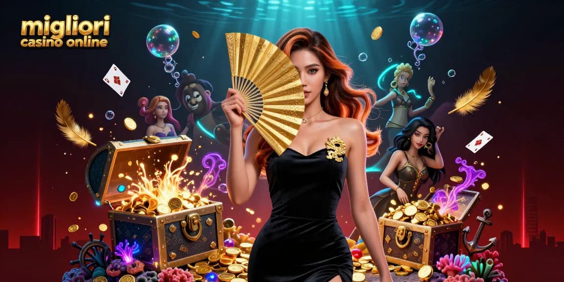 Migliori casino online scena con una donna elegante e elementi vibranti del casinò in un contesto visivo ricco.