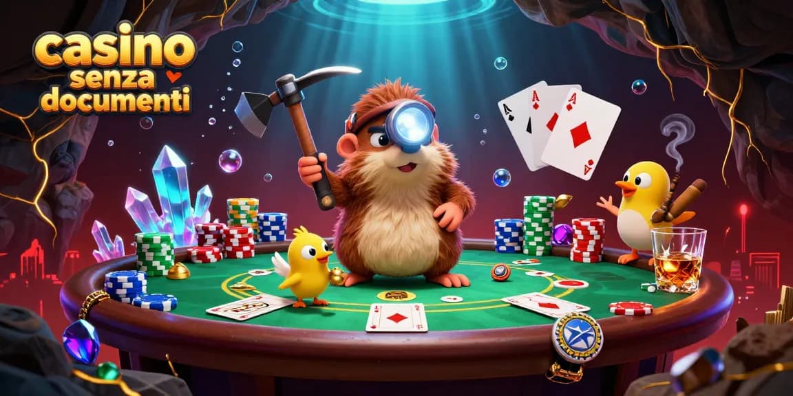Goditi l'emozione del casino senza documenti con una vivace scena di poker che presenta un talpa cacciatore di tesori.