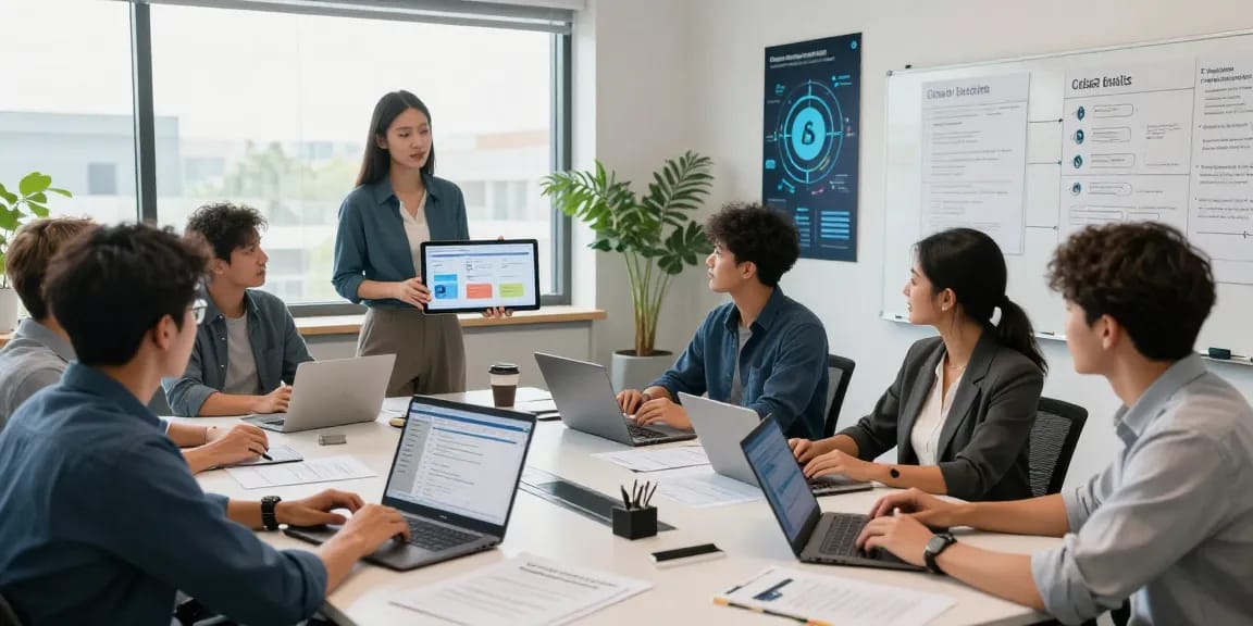 Team of IT professionals discussing cyber essentials compliance metrics in a modern office environment.