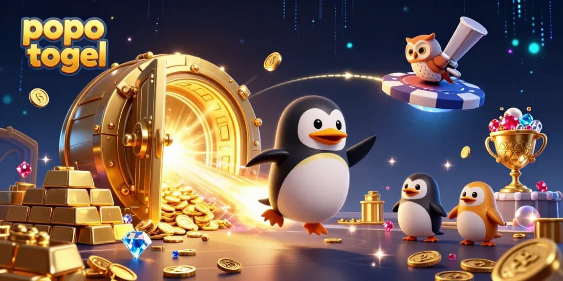 Experience popo togel with a golden penguin on a cosmic adventure, surrounded by treasures and casino elements.