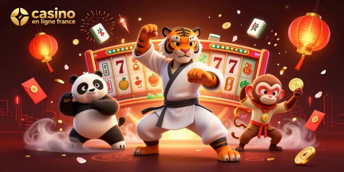 Plongez dans l'univers vibrant des jeux en casino en ligne France avec un tigre kung-fu et ses disciples.