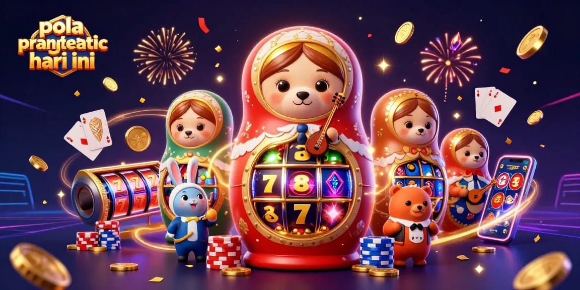 Pola pragmatic hari ini scene showcases casino-themed bears, slot reels, and vibrant festive elements.
