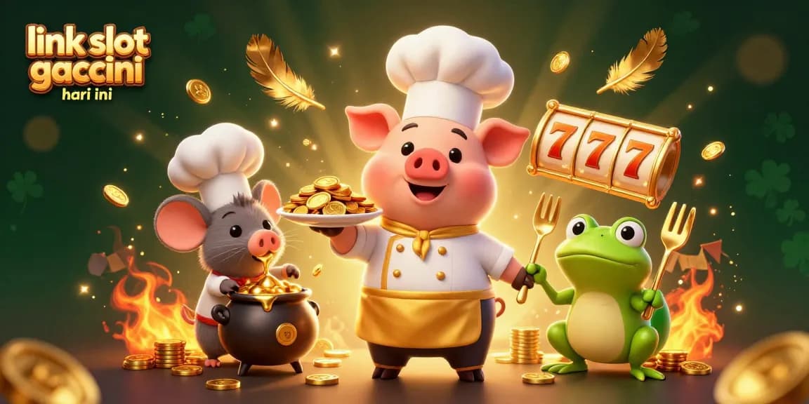 Adegan yang cerah menampilkan babi chef, mouse sous-chef, dan kritik katak di tengah koin emas, merayakan link slot gacor hari ini.