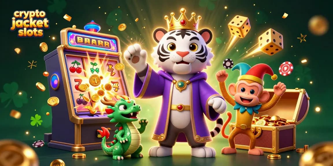 Experience thrilling action with crypto jackpot slots as a tiger, monkey, and dragon celebrate big wins.