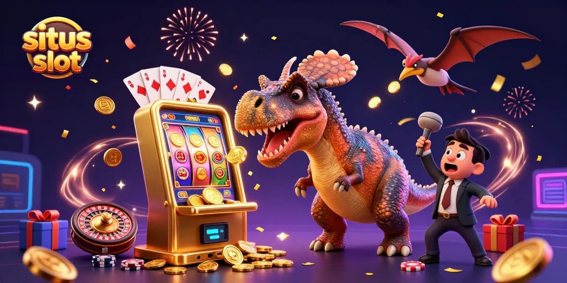 Slot gacor yang menghibur dengan pachycephalosaurus, manajer kasino, dan koin emas terbang.