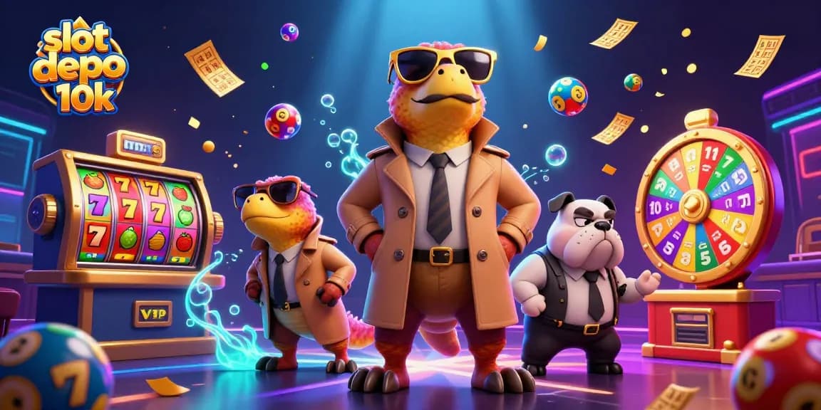 Experience the action at slot depo 10k with three cartoon raptors in a trench coat entering a VIP lounge while slots spin dynamically.