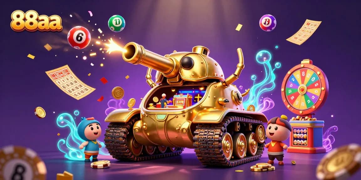 88aa engages players with a packed scene of a golden beetle tank casino amidst colorful lottery elements.