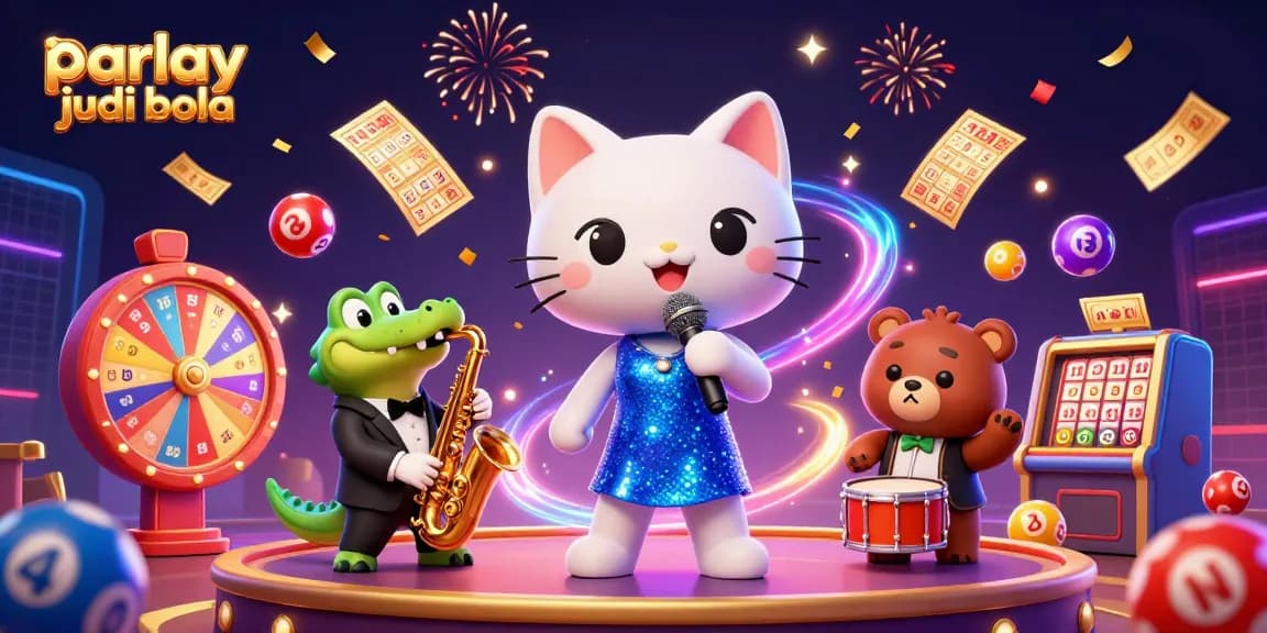 Engage in parlay judi bola with vibrant casino characters amidst lottery action and celebrations.