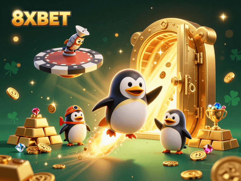 8XBET invites players to explore a thrilling casino universe with a golden penguin and treasures.
