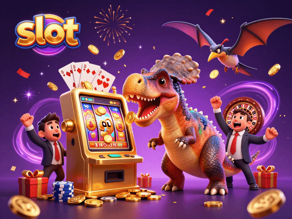 Watch a pachycephalosaurus hit a slot machine while coins burst from a smartphone in this colorful casino scene.