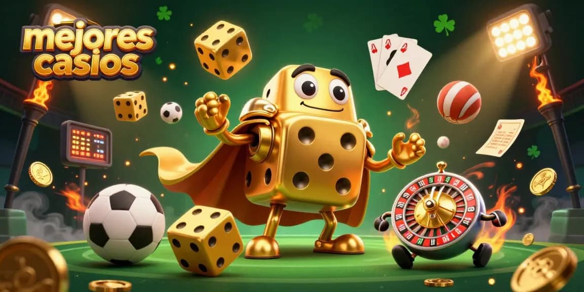Ilustración de un golem de dados dorados y elementos de casino en acción, reflejando los mejores casinos.