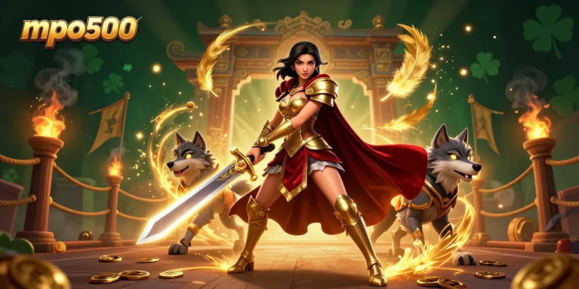 Engage in thrilling games at mpo500 with a warrior queen and her armored wolf in this 3D casino scene.