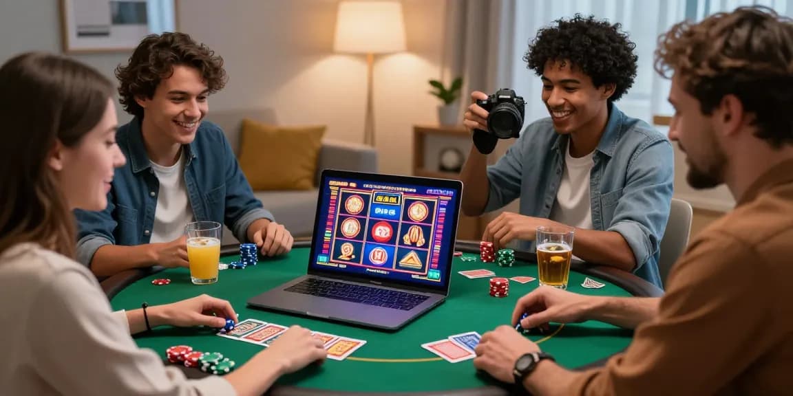 Scène de jeu de casino en ligne France avec des amis profitant des machines à sous et du poker.