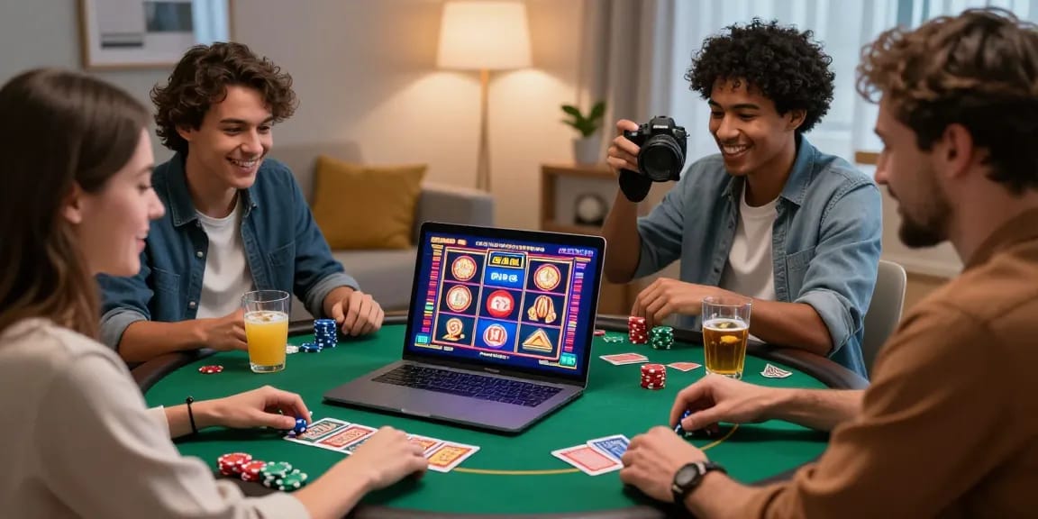 Scène de jeu de casino en ligne France avec des amis profitant des machines à sous et du poker.