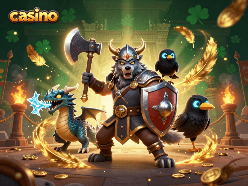 Experience thrilling casino action with a Viking warrior and dragon in this dynamic 3D illustration.